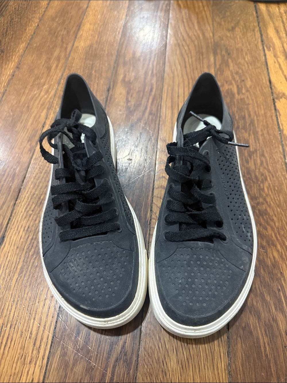 CROCS Men’s Black Perforated Lace-Up Sneakers with White Sole